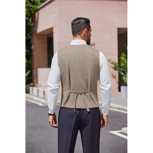 Men's Tweed Suit Vests Slim Fit Waistcoat Khaki - Picture 3 of 6